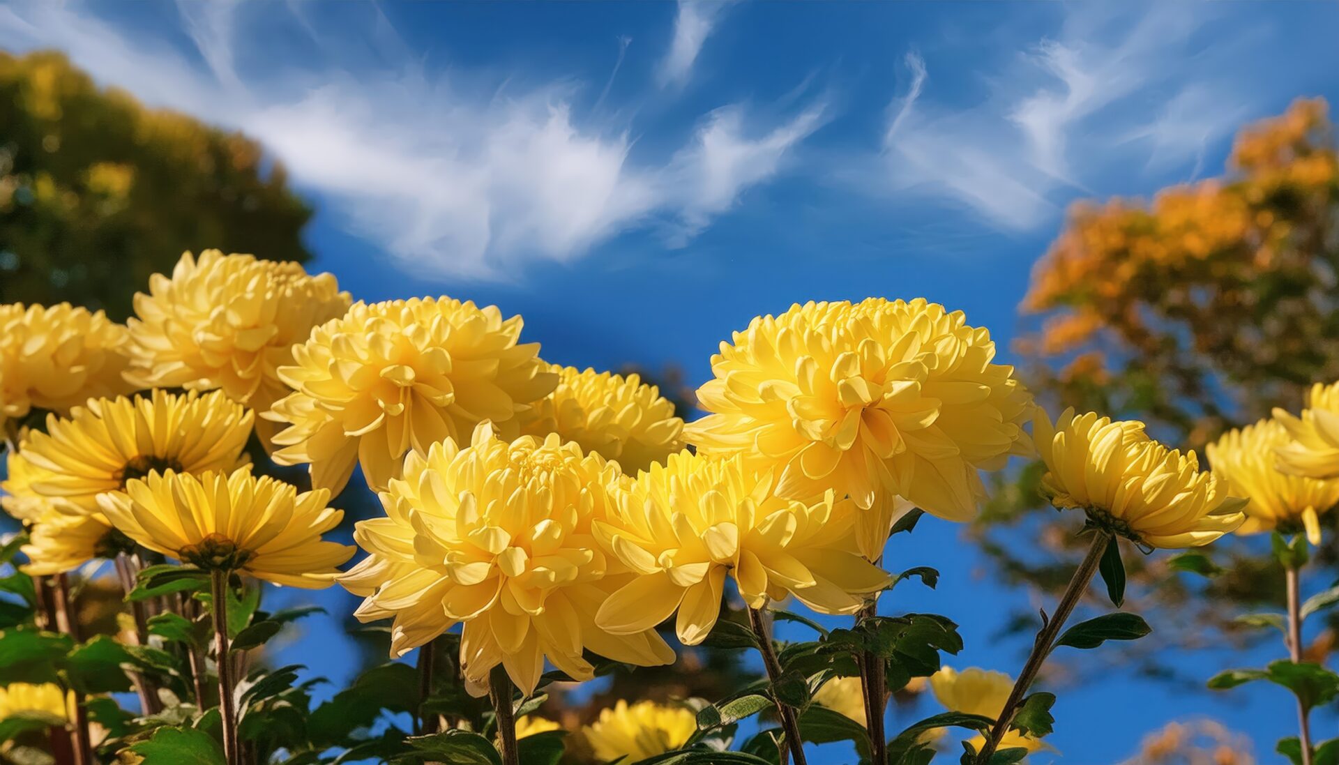 晴天と黄色い菊の花畑