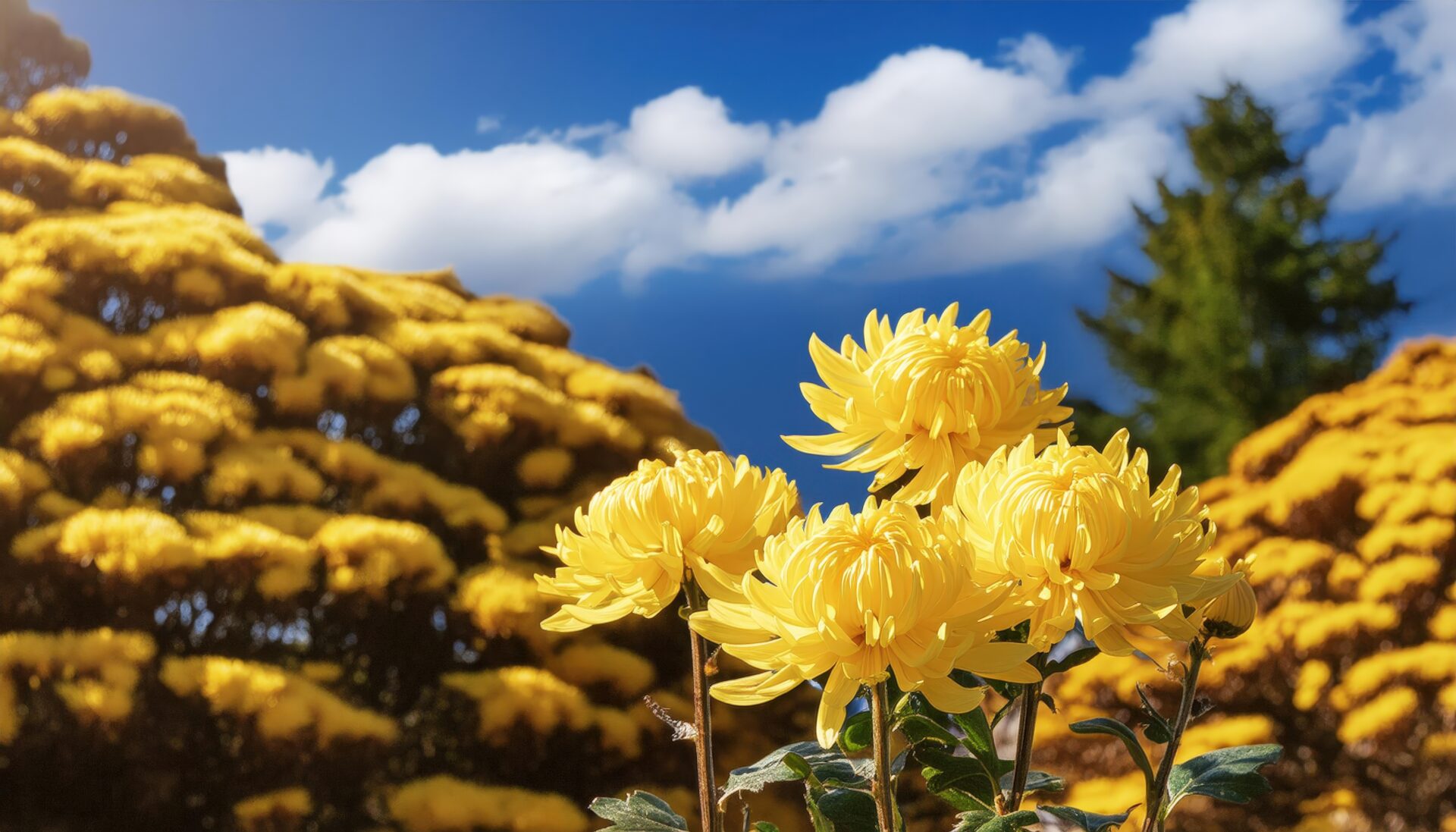 庭園の菊と青空