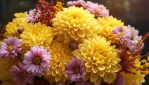 菊とピンクの花の花束