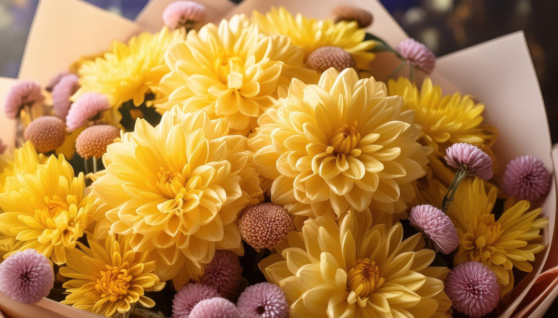 黄色の菊とピンクの花の花束