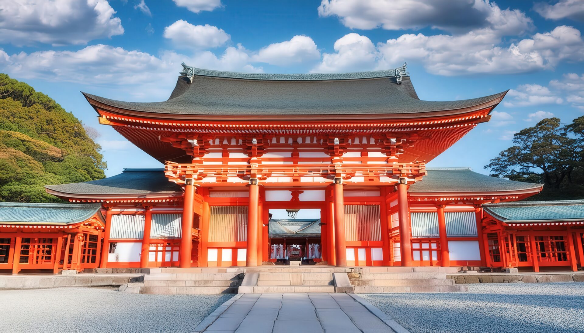 神社の正門と青空