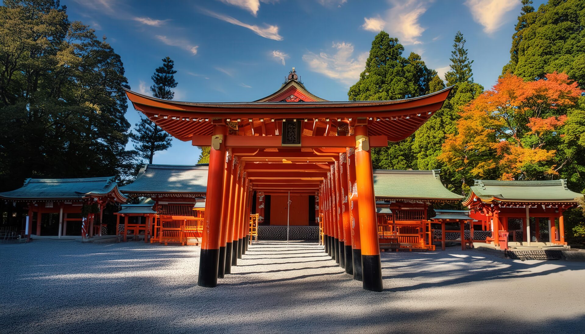 朝日に輝く日本の神社の鳥居と本殿
