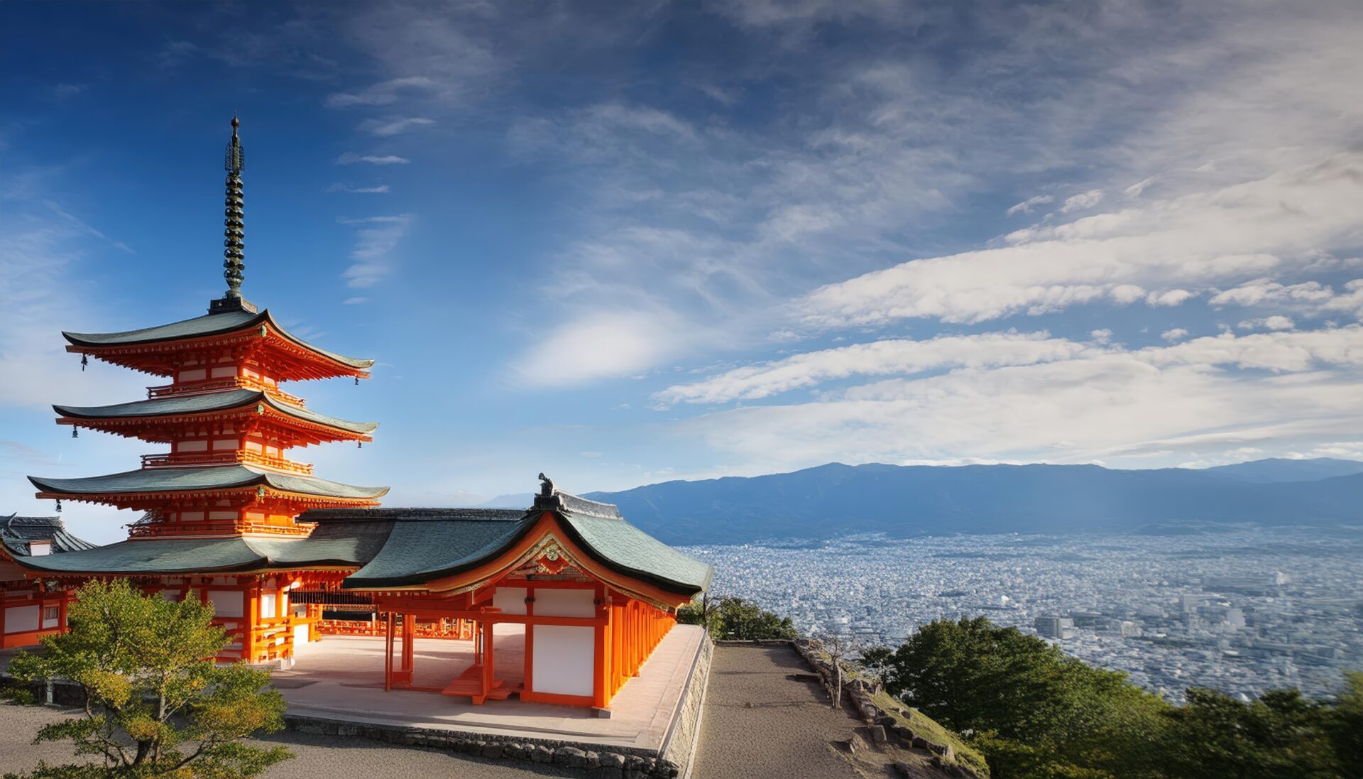 京都の寺院と街並みを見下ろす多層の赤い塔