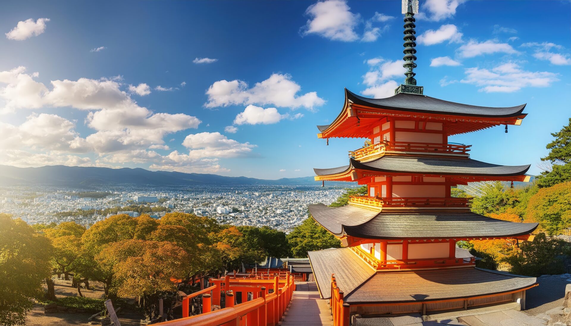 多層の赤い塔と京都の街並み