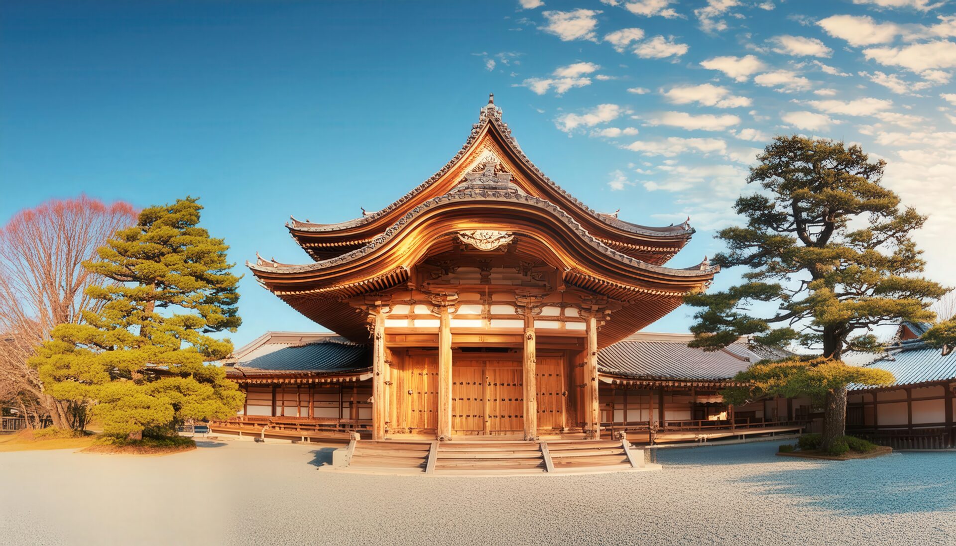 晴れた日の古都の寺院建築, 木造の伝統的な建物が青空と松の木に囲まれて