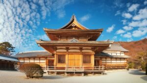 雲が浮かぶ青空と古い寺院建築