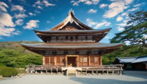 緑の山々に囲まれた多層の寺院建築