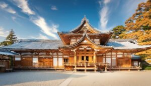 秋の日差しに輝く伝統的な寺院