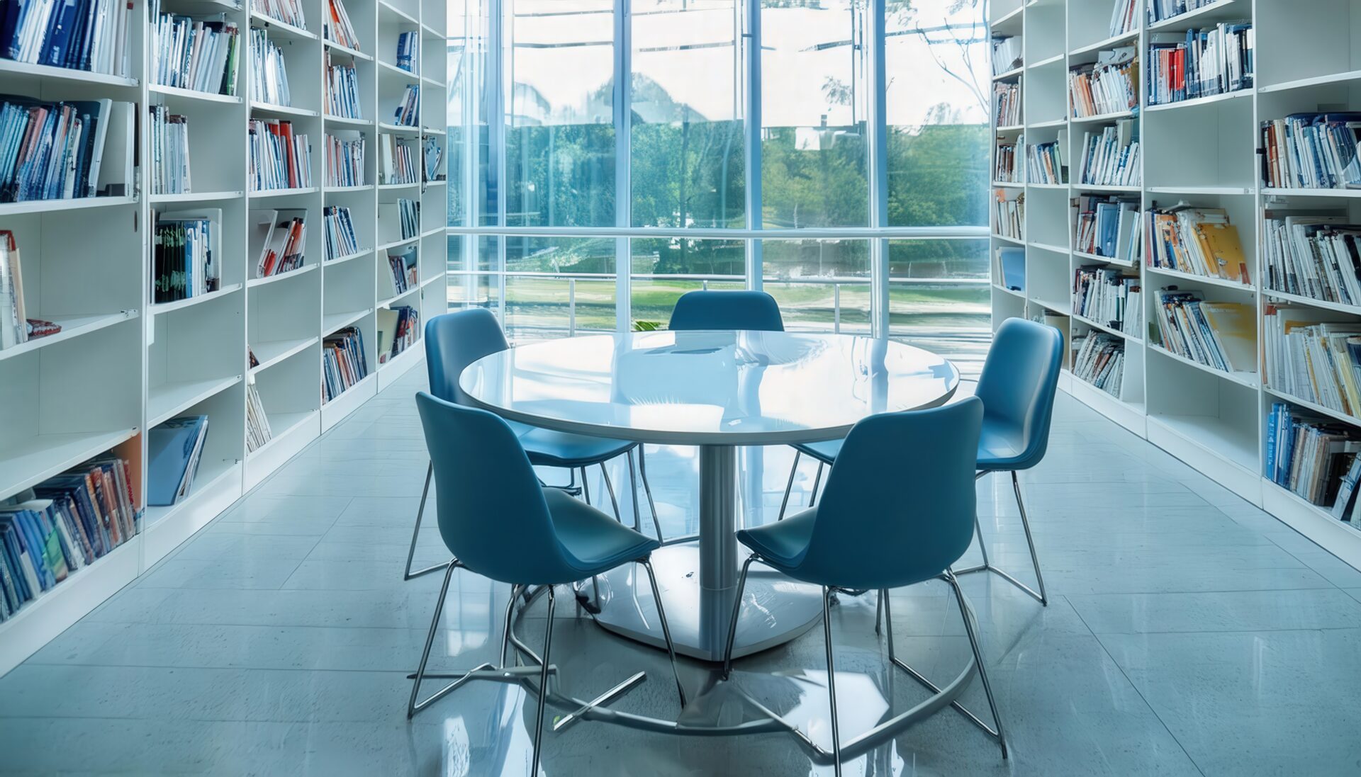 図書館の青い椅子の会議スペース
