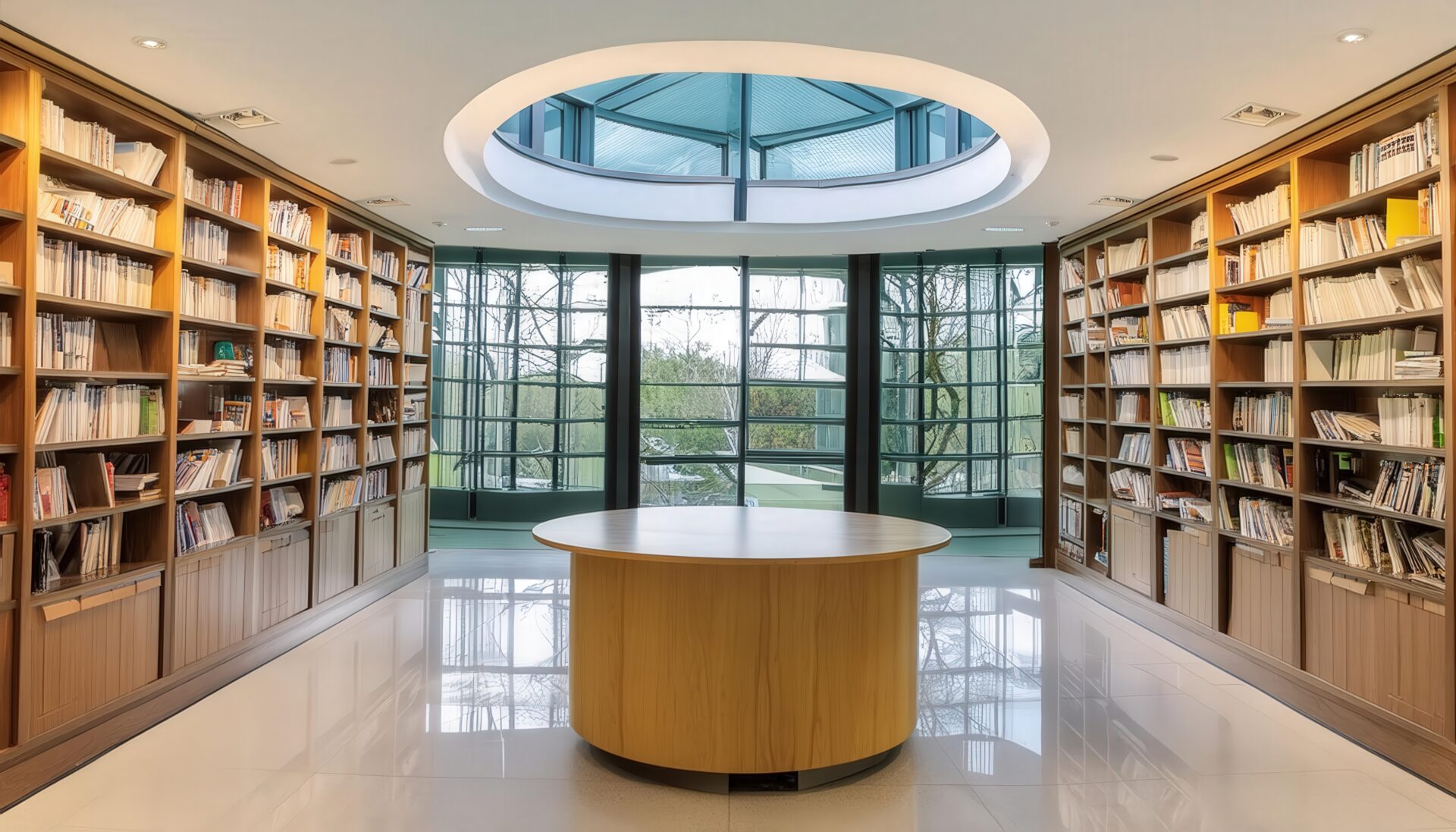 モダンな図書館の内観、円形テーブルと本棚