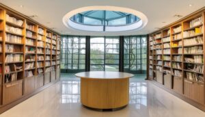 モダンな図書館の内観、円形テーブルと本棚