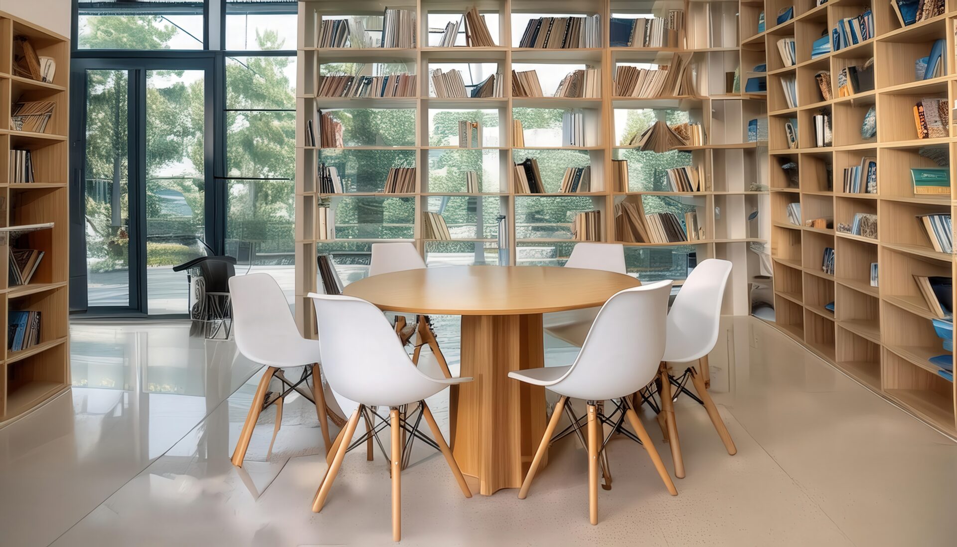 白い椅子と木製テーブルのある図書館スペース