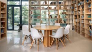 白い椅子と木製テーブルのある図書館スペース