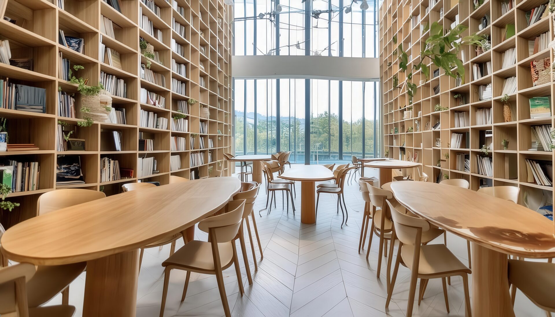 大きな窓と本棚に囲まれた図書館