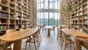 大きな窓と本棚に囲まれた図書館