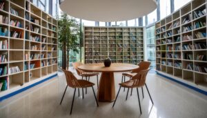 丸いテーブルと曲線的な内装の図書館