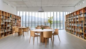 広々とした図書館内部と山の景色