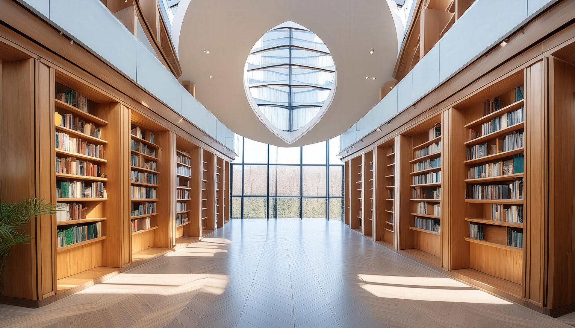 吹き抜け天井の図書館