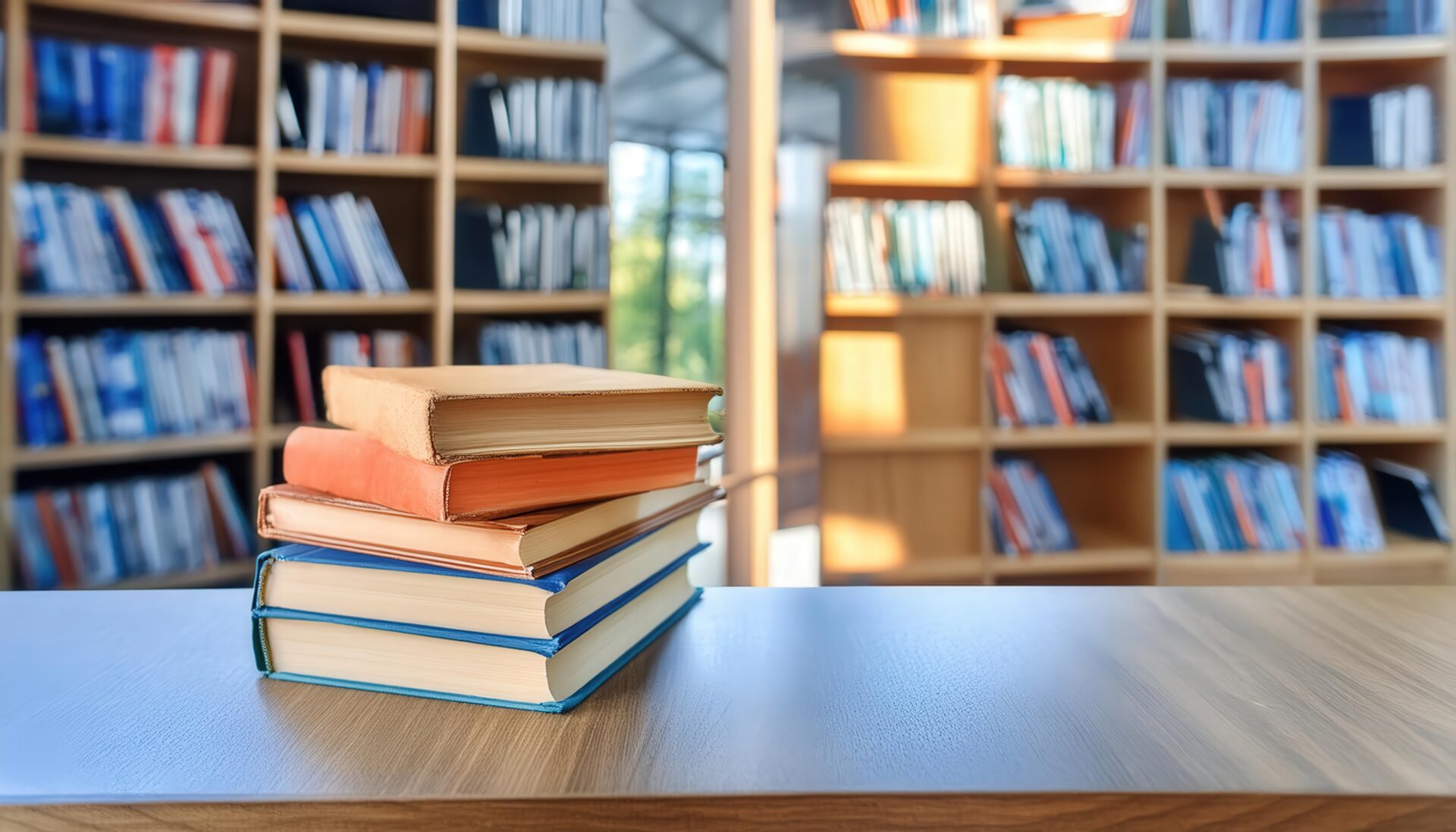 図書館の本と机の静物写真