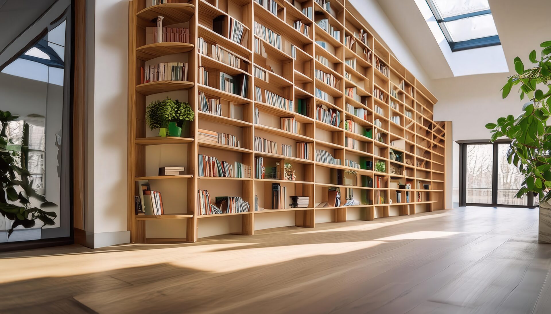 日差しが差し込む図書館の書棚