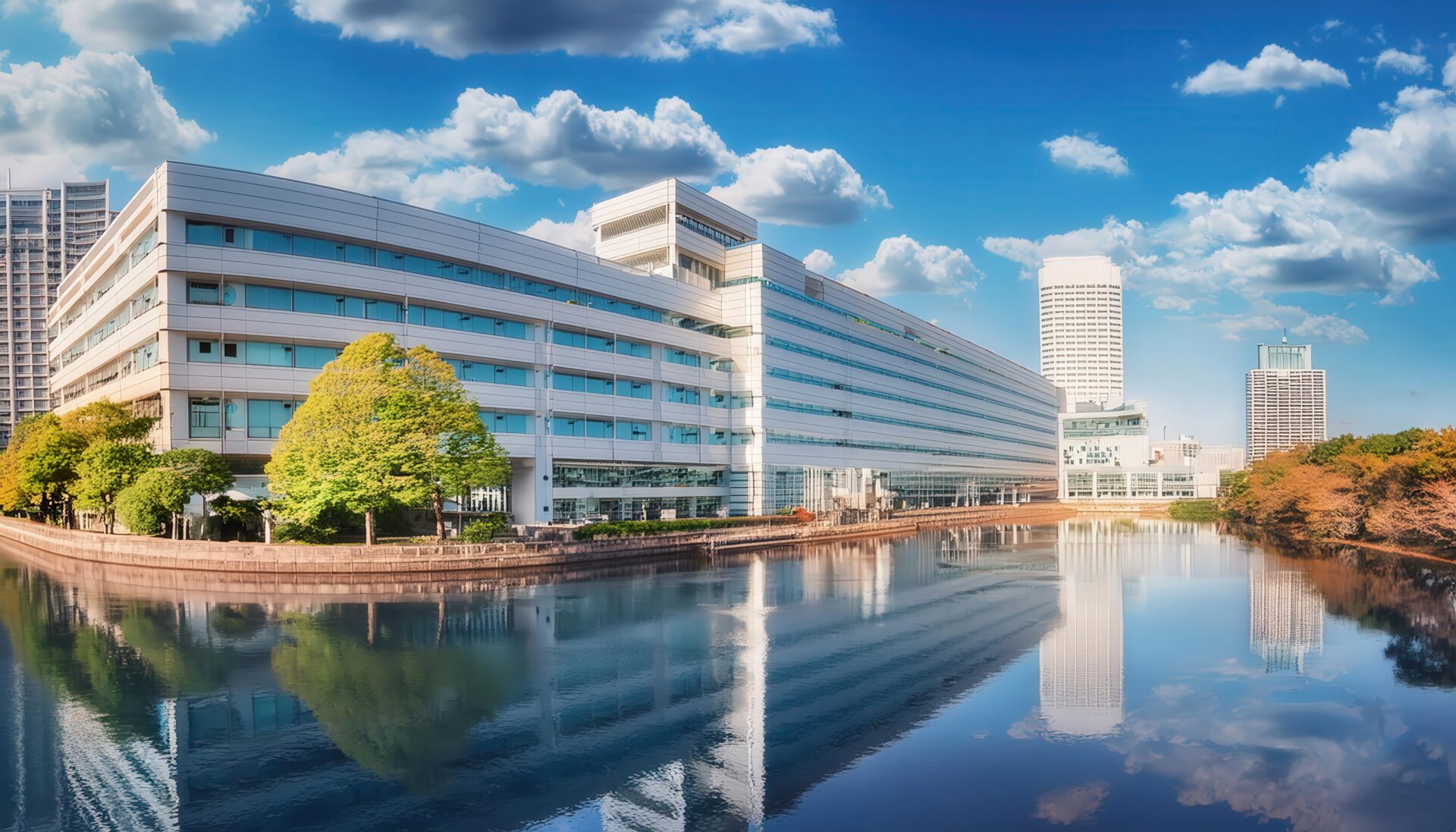 都市部の川沿いにある大学施設