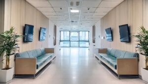 病院の待合スペースと廊下