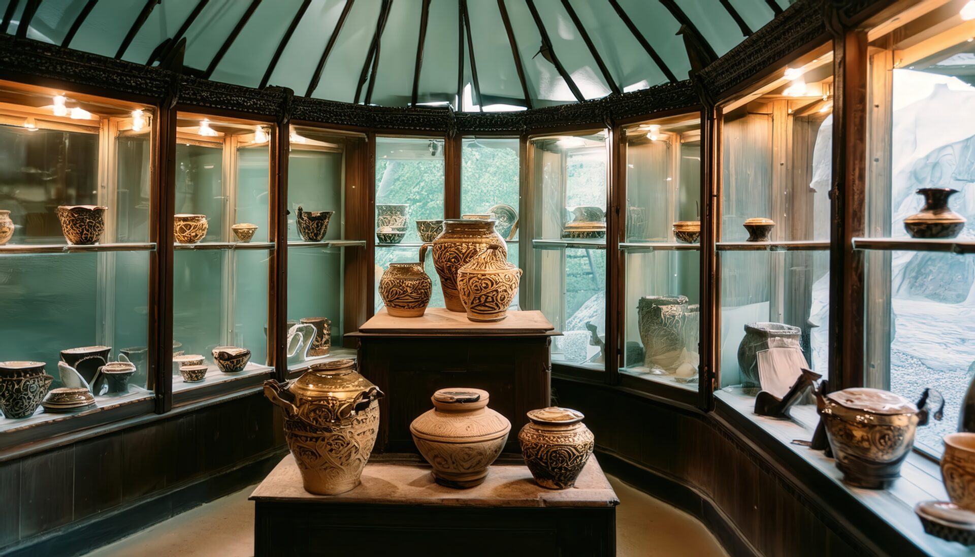 ガラスケースに並ぶ装飾壺