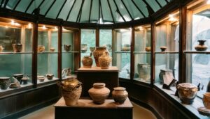 ガラスケースに並ぶ装飾壺