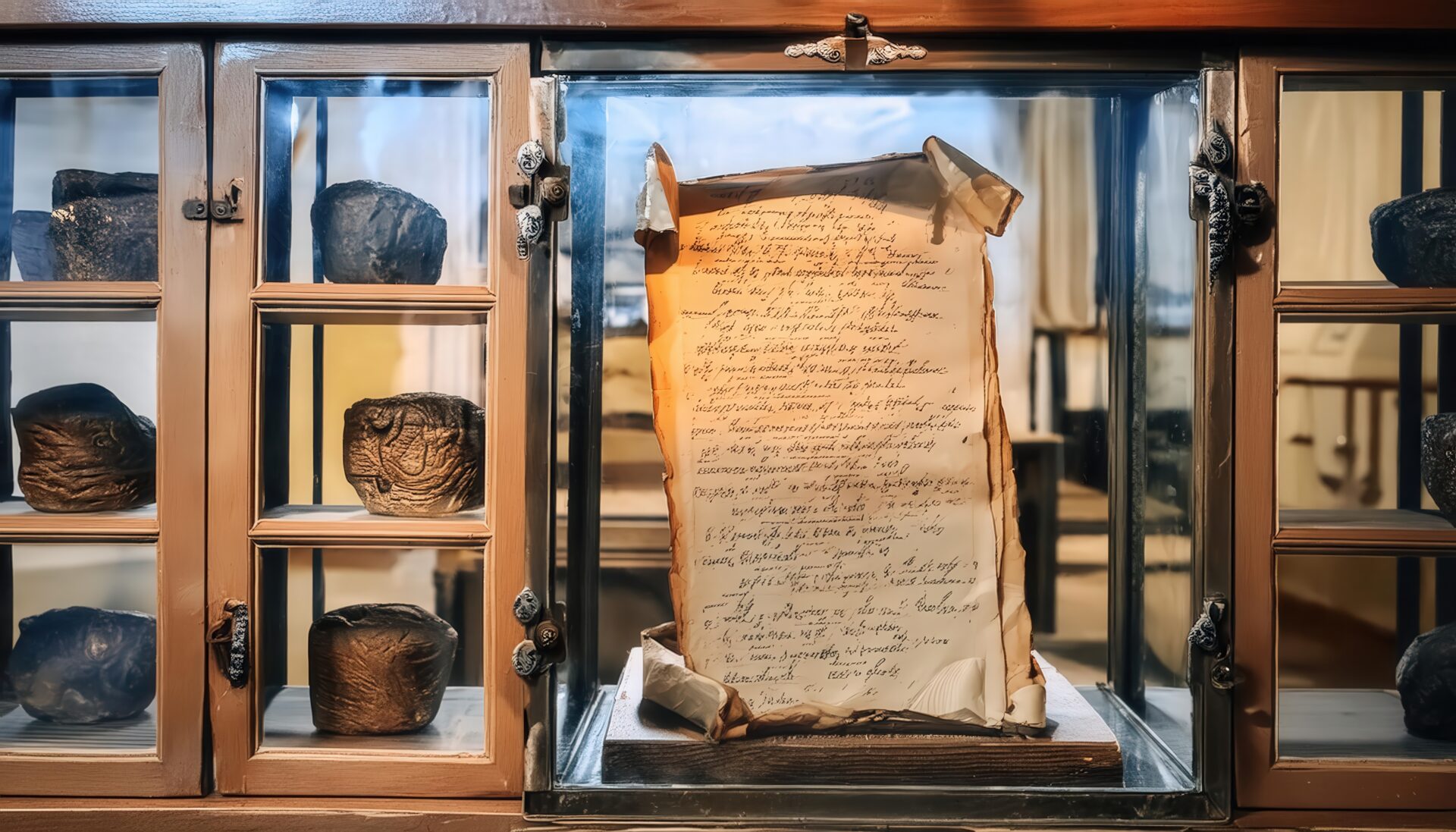 古い巻物風の文書展示