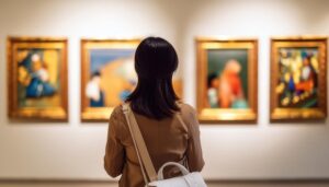 アートギャラリーで作品を見つめる人物