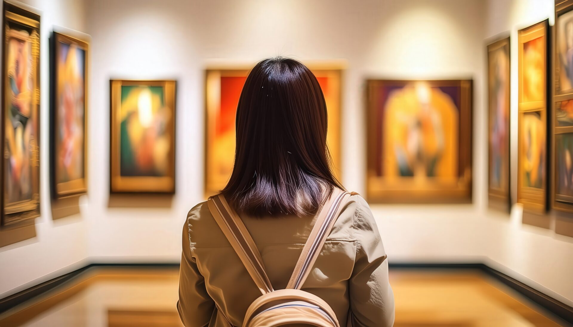 展覧会でアートに見入る人