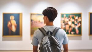 絵画を見つめる若い来館者