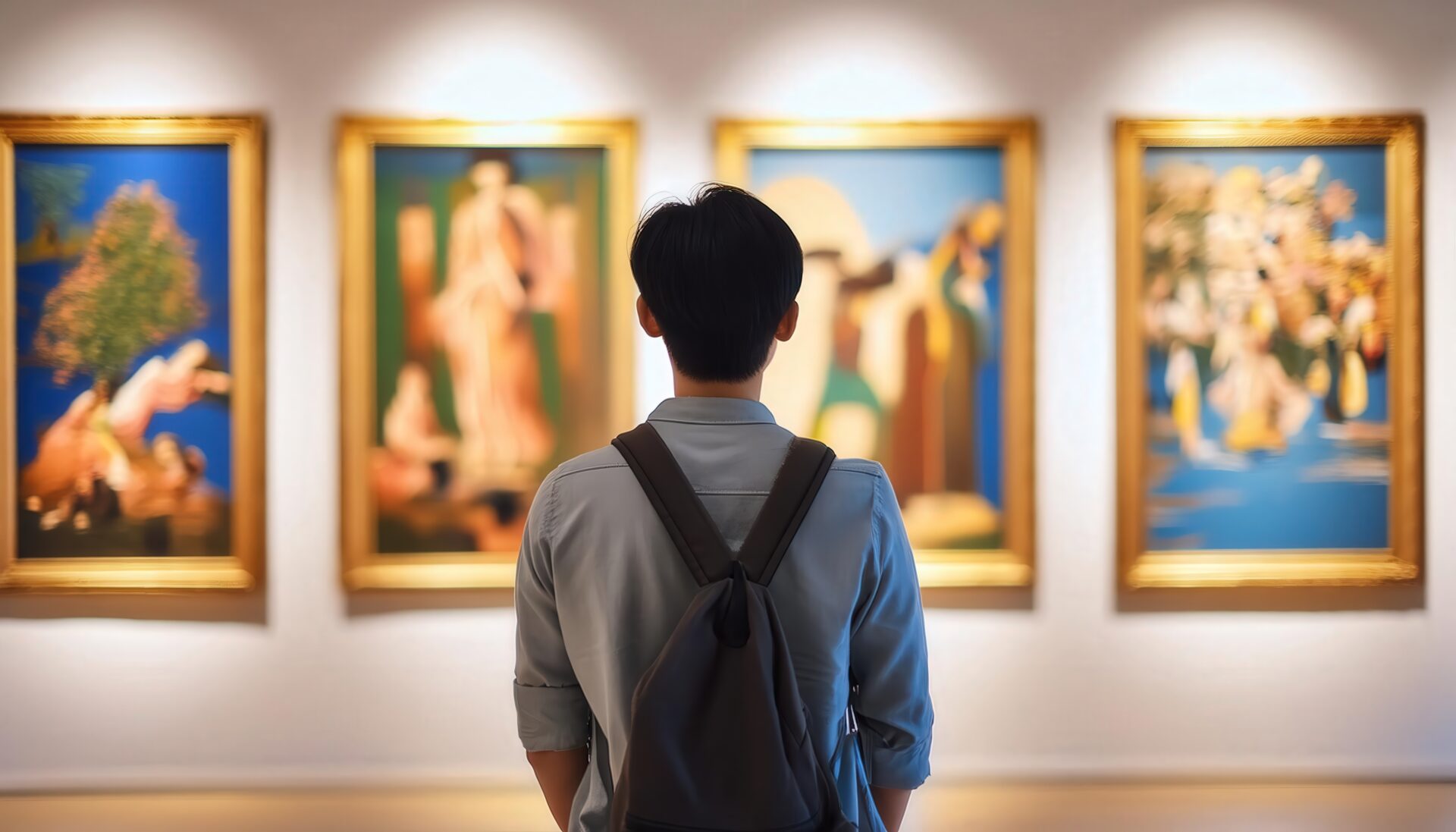 絵画展示を楽しむ男性