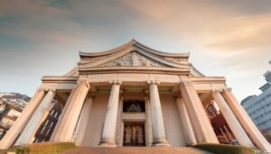 下から見上げる歴史的建物の正面