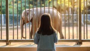 ゾウを見つめる少女