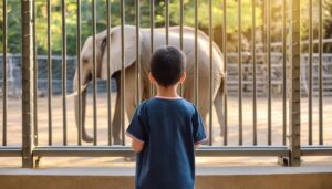 ゾウを見つめる少年