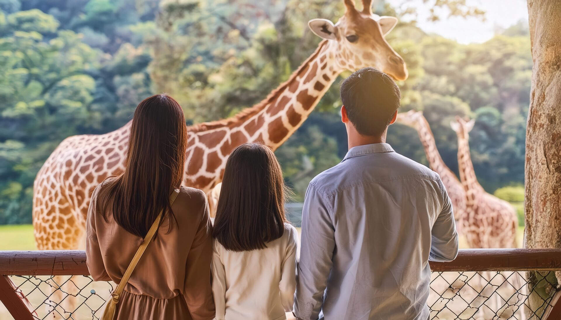 キリンを見上げる家族