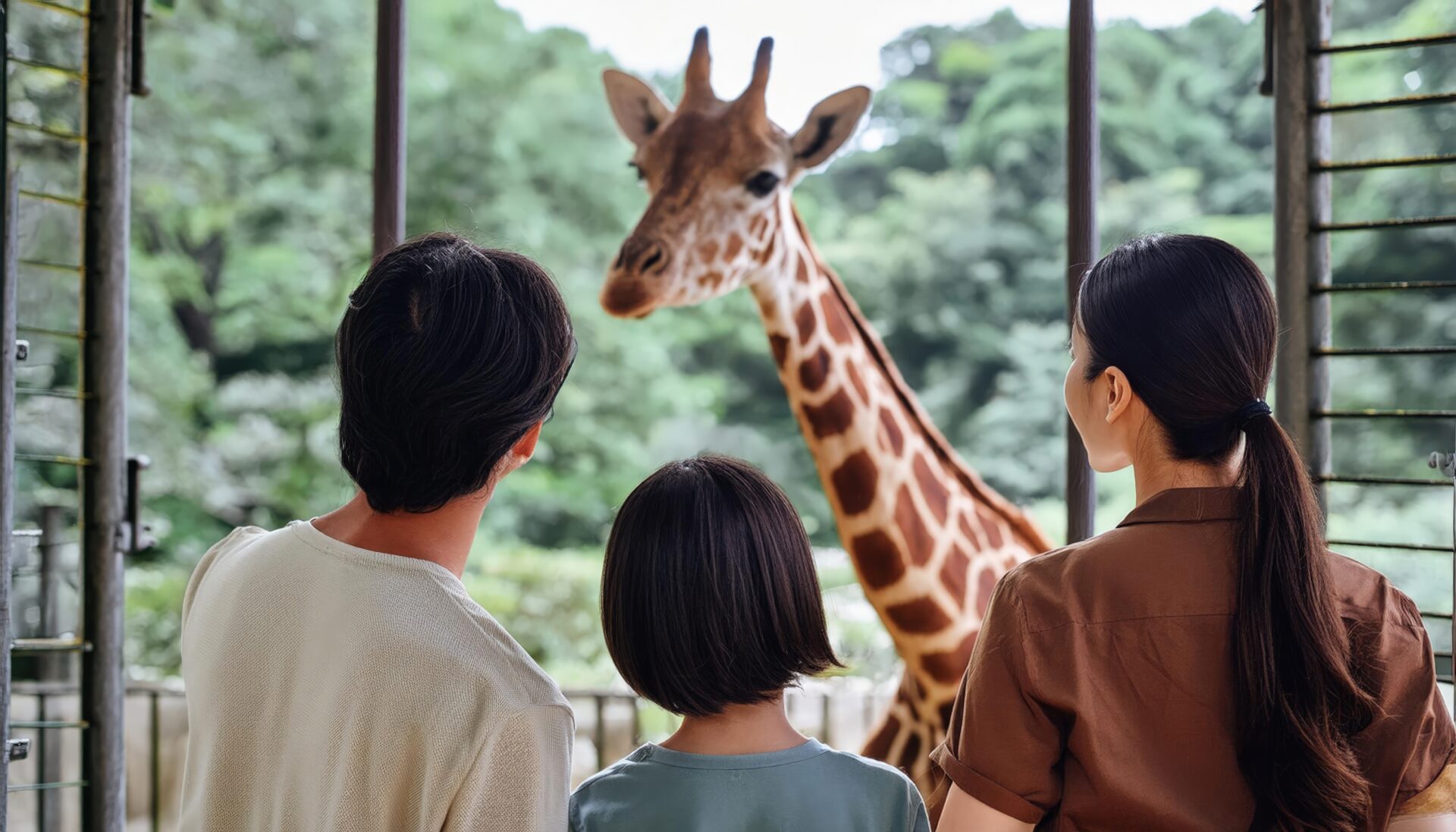 キリンを見学する家族