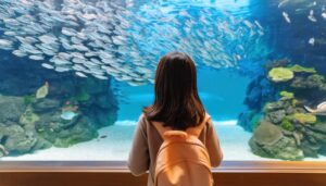 水族館で魚を見る少女