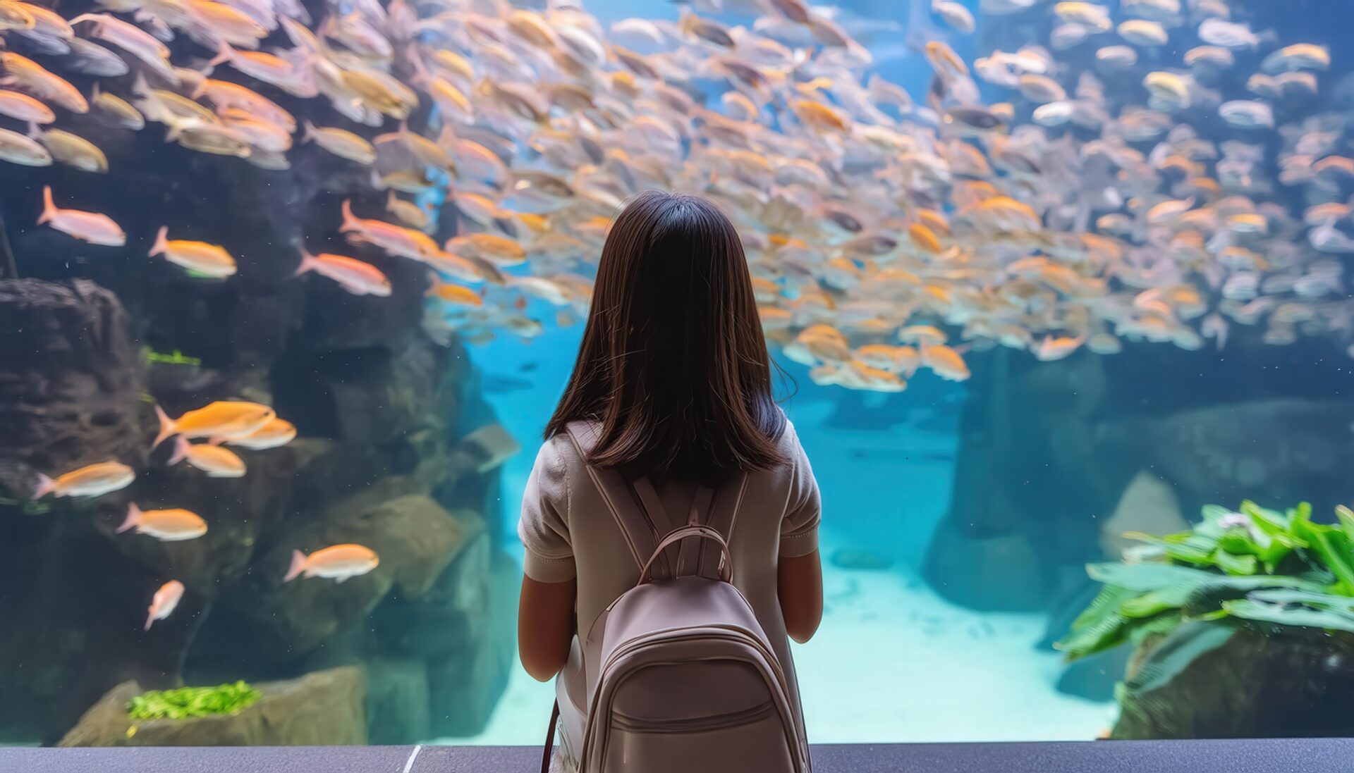 魚の群れを見る少女