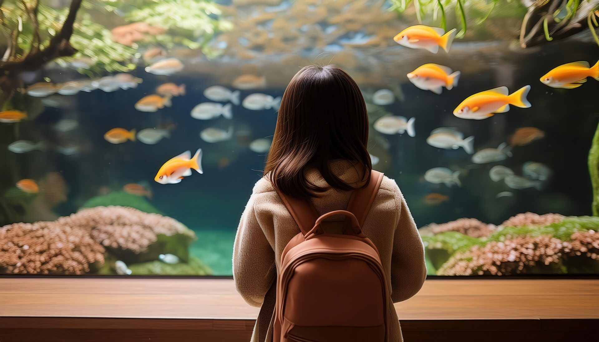 水中の魚を見る少女