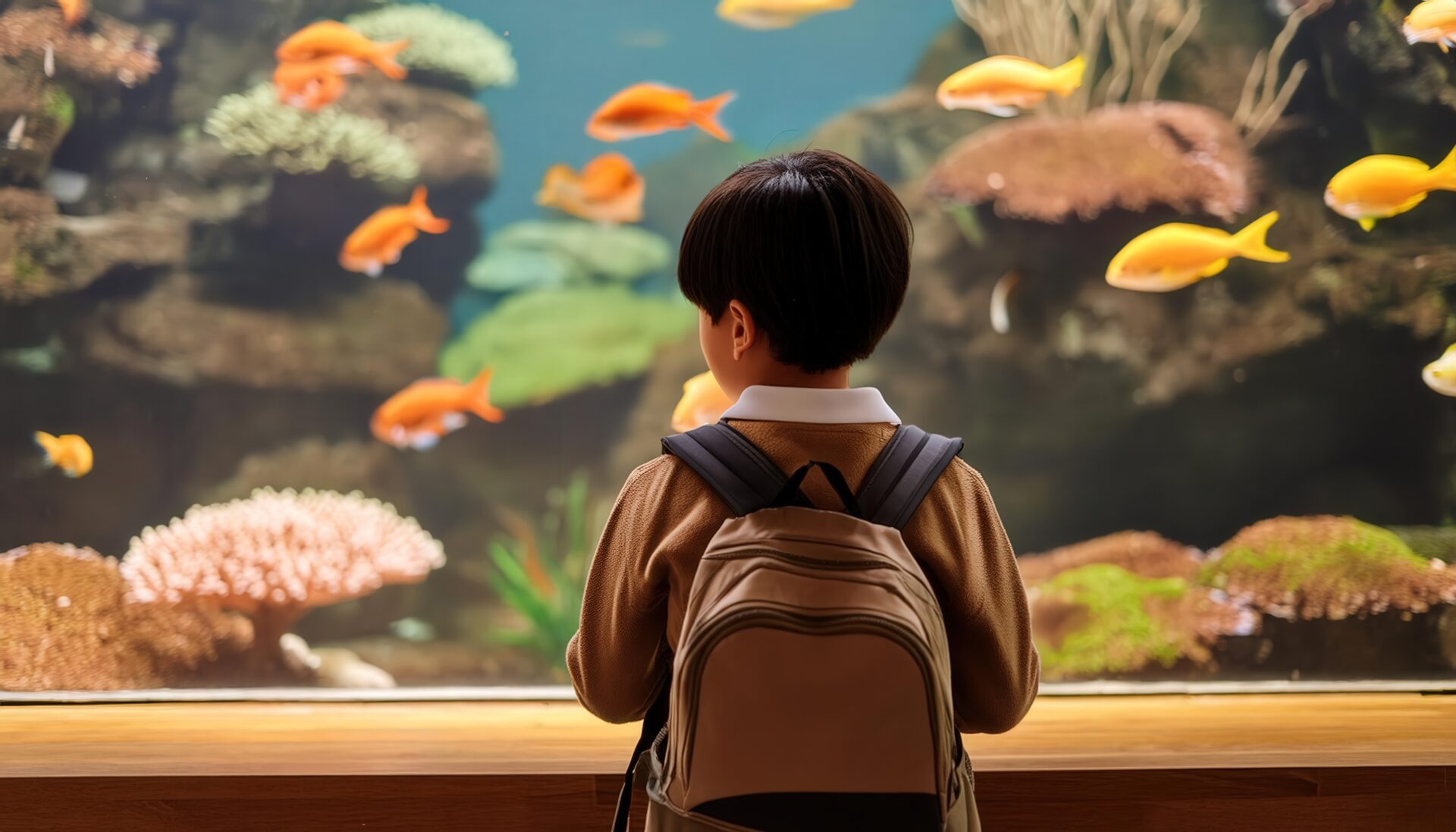 水族館で魚を観察する子供