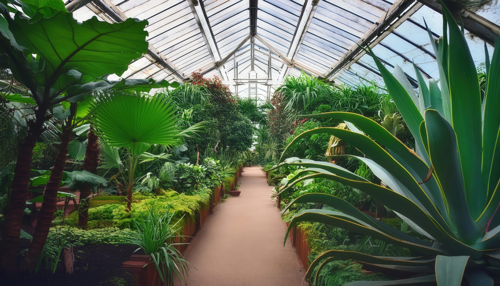 緑に囲まれた温室内通路