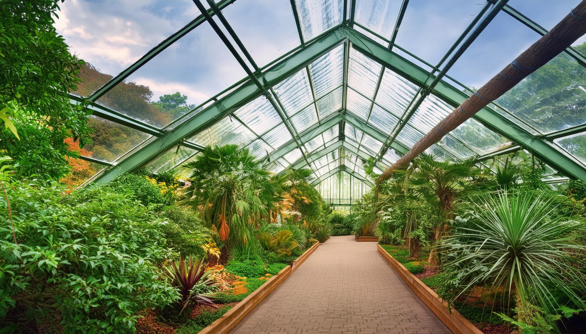 明るい温室の通路