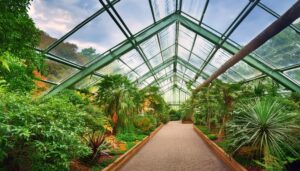 明るい温室の通路