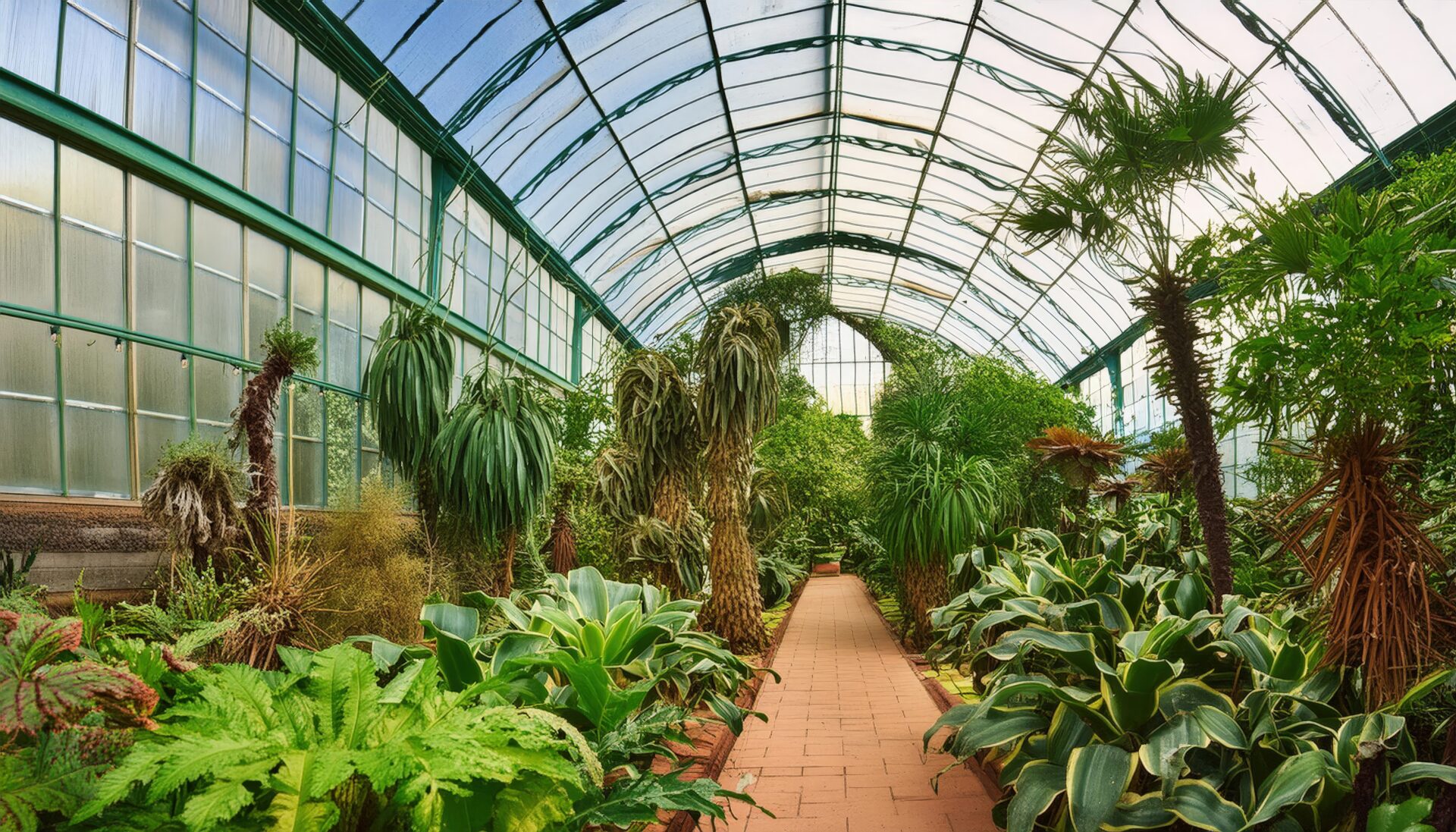 緑豊かな温室の小道
