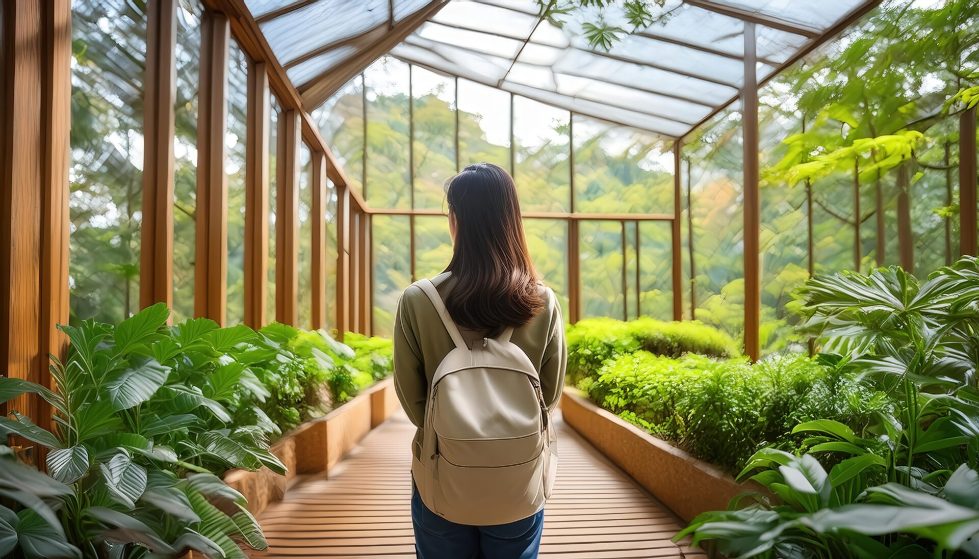 ガラス温室を歩く女性