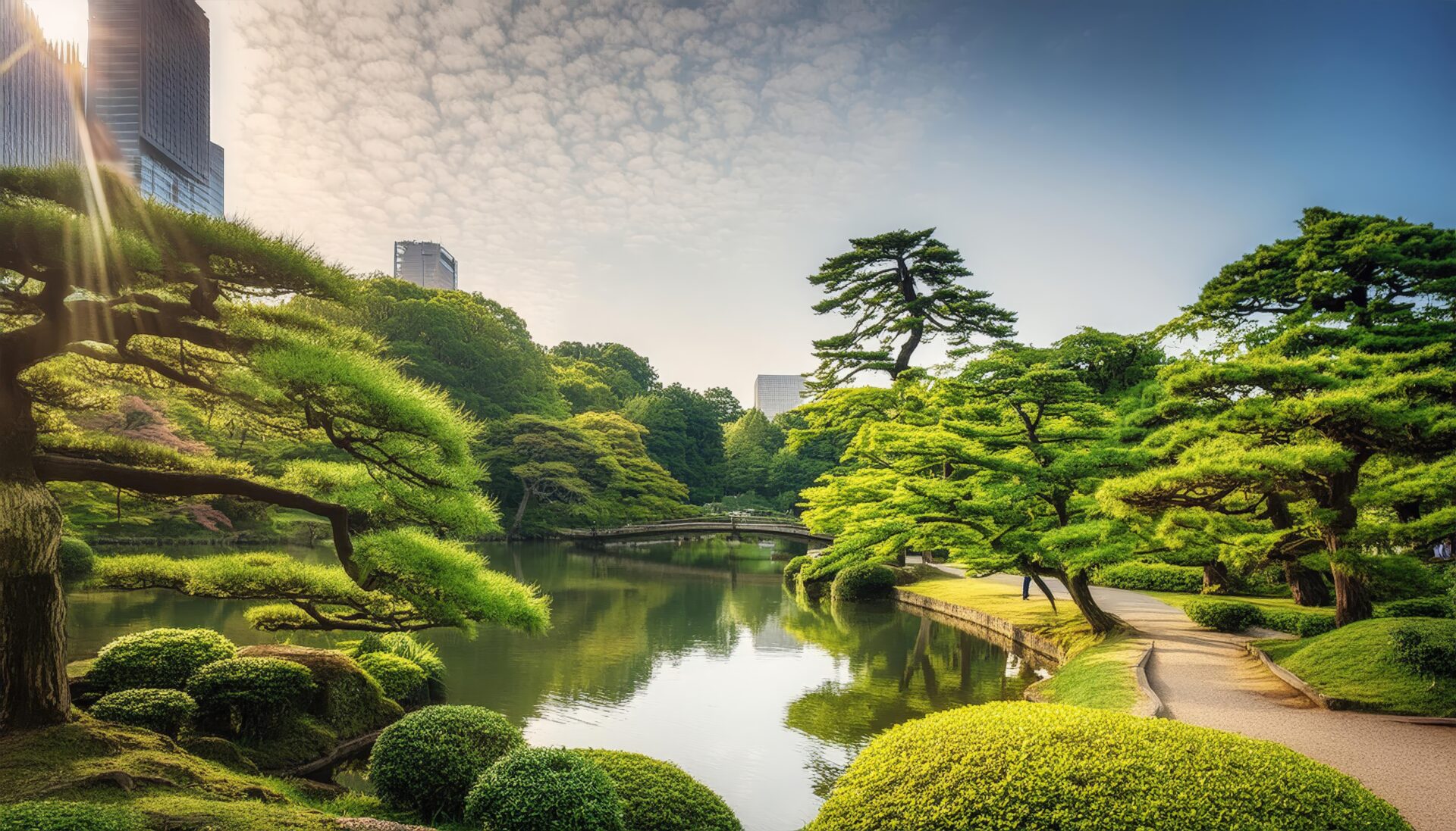 池と橋のある日本庭園
