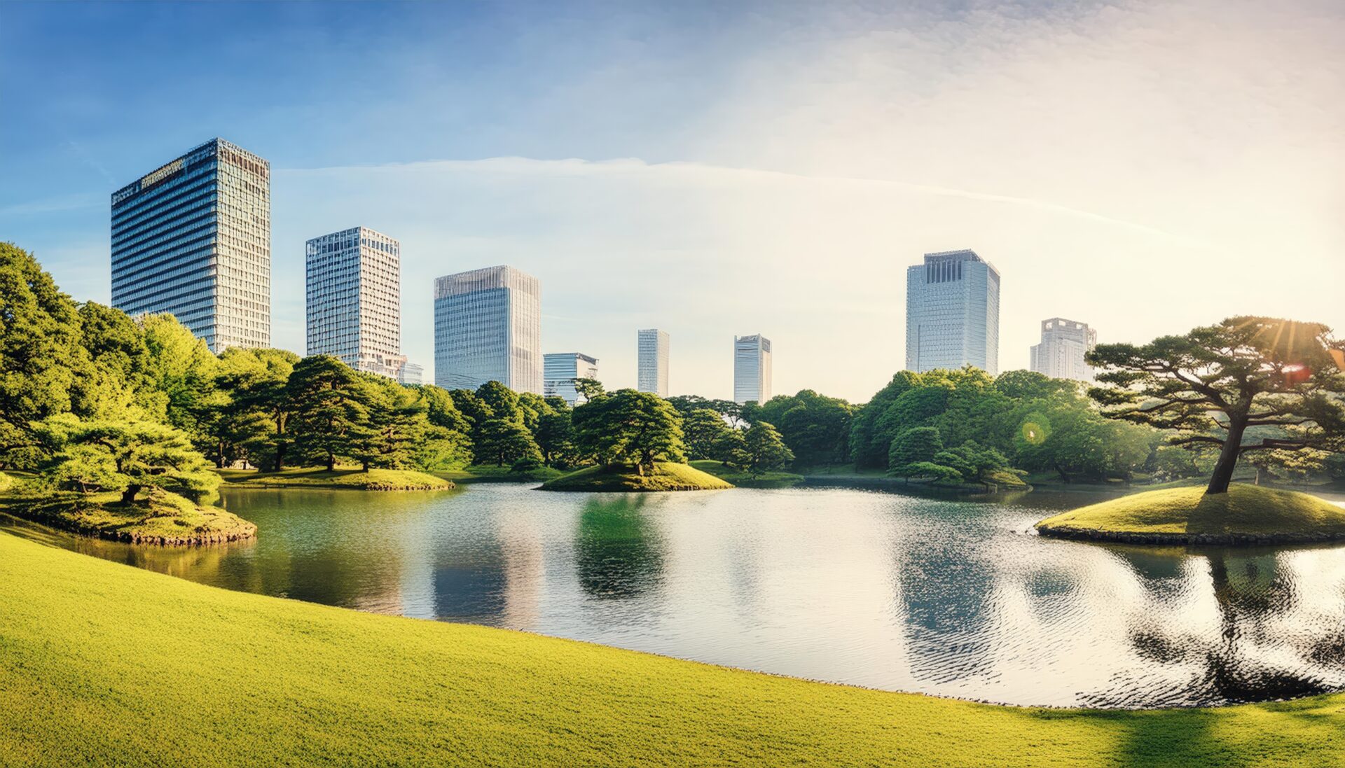 高層ビルと日本庭園の調和