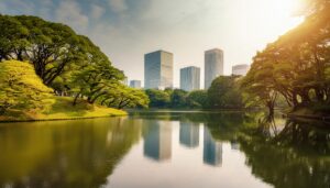 朝日差し込む日本庭園